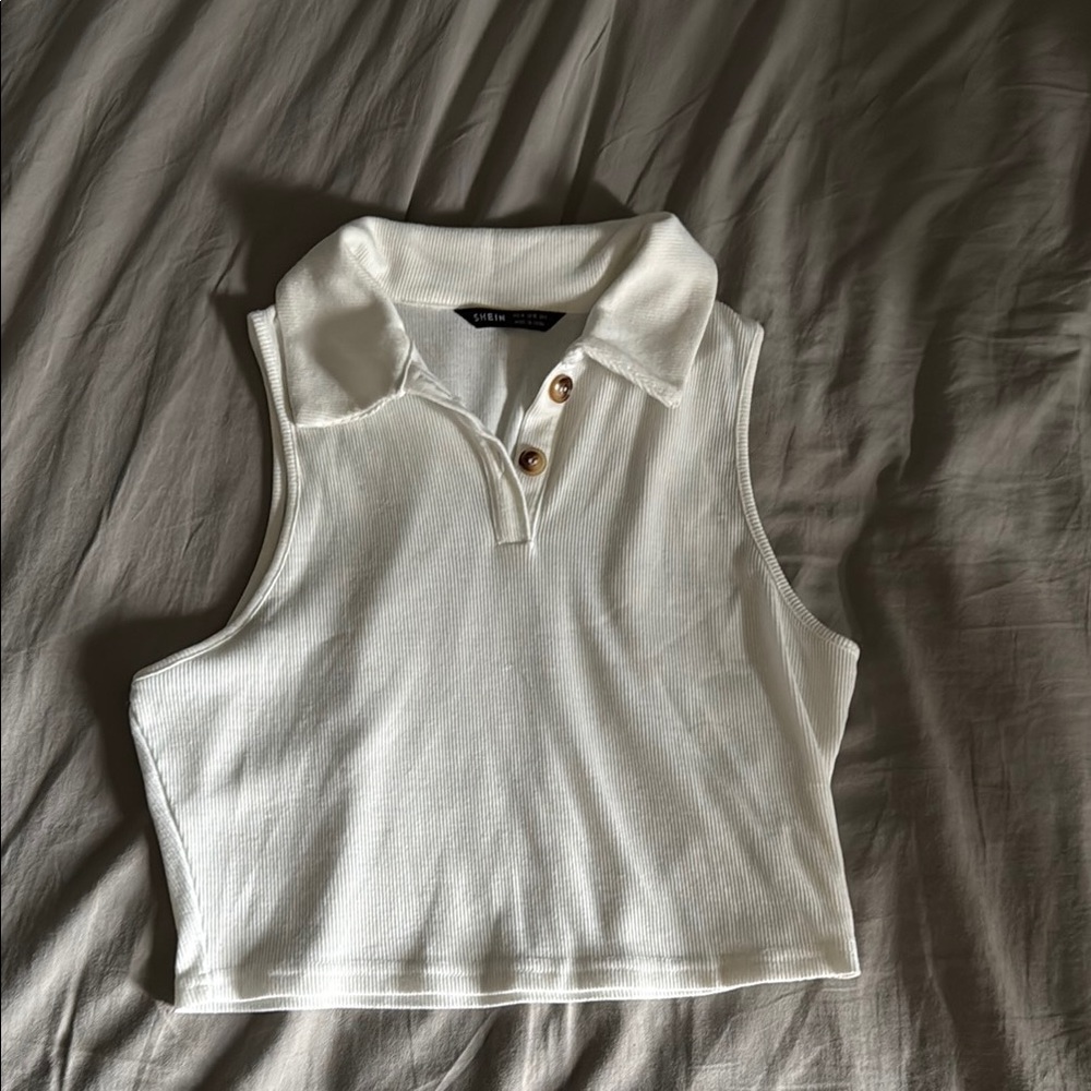 SHEIN White Crop Tank Top with Polo Collar and Sleeveless Design
